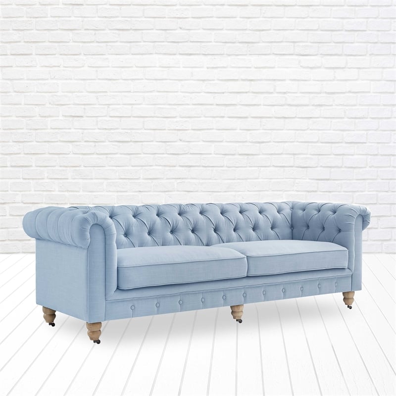 Londynn Sofa Light Blue Linen Button Tufted Rolled Arm Sinuous Springs