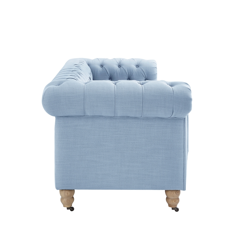 Londynn Sofa Light Blue Linen Button Tufted Rolled Arm Sinuous Springs