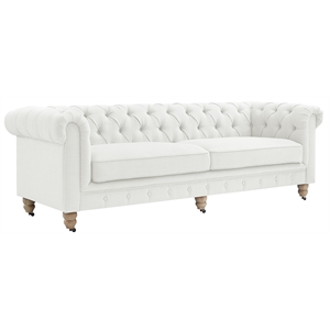 Londynn Sofa Cream White Fabric Linen Button Tufted Rolled Arm Sinuous Springs