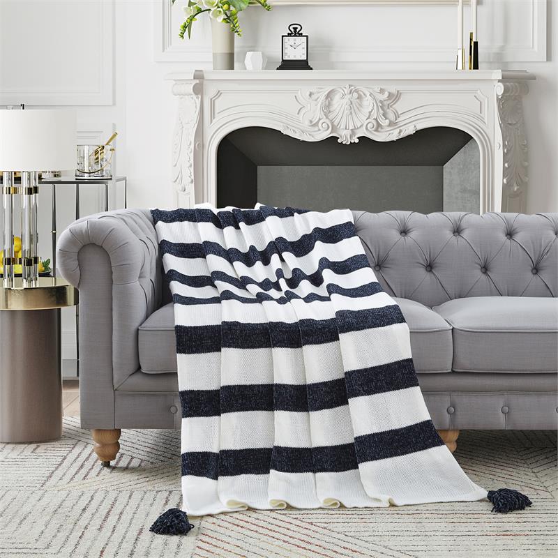 Viola Navy Acrylic 50x60 Inches 4 Corner Tassel Stripe Knit Throw Blanket