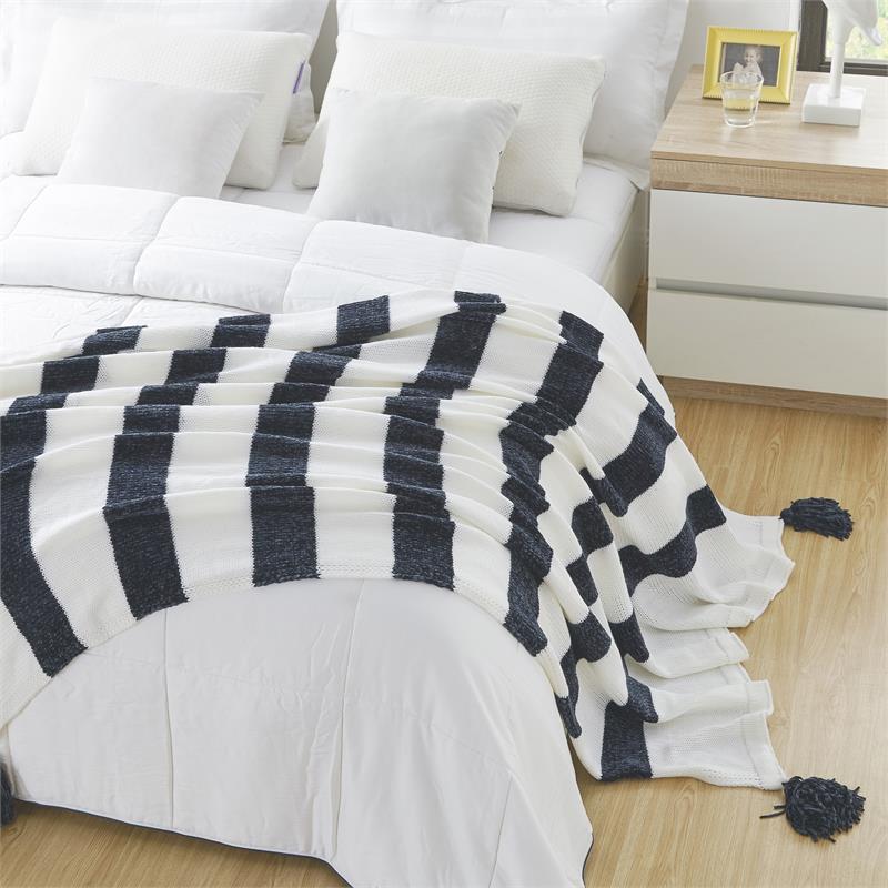 Viola Navy Acrylic 50x60 Inches 4 Corner Tassel Stripe Knit Throw Blanket
