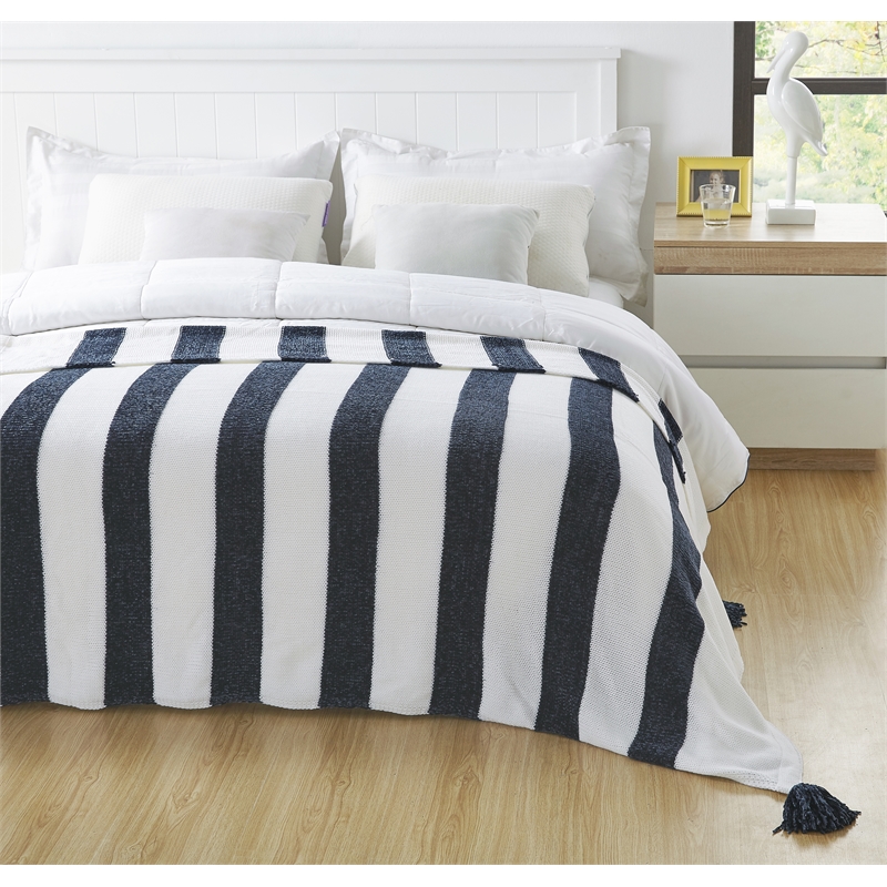 Viola Navy Acrylic 50x60 Inches 4 Corner Tassel Stripe Knit Throw Blanket