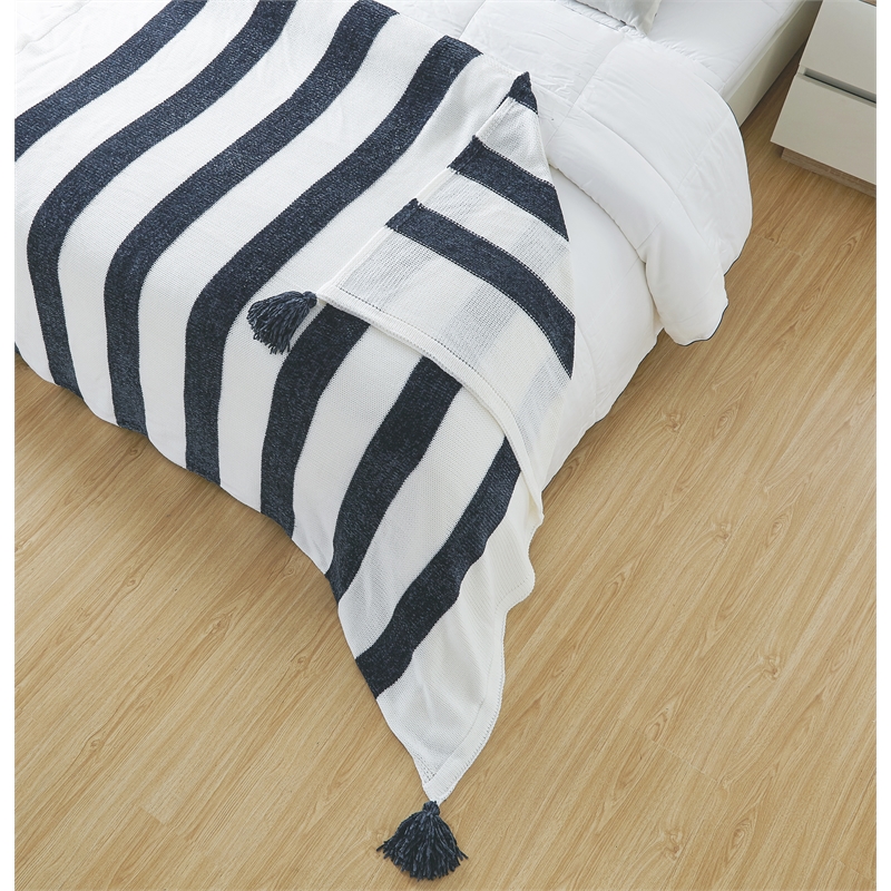 Viola Navy Acrylic 50x60 Inches 4 Corner Tassel Stripe Knit Throw Blanket