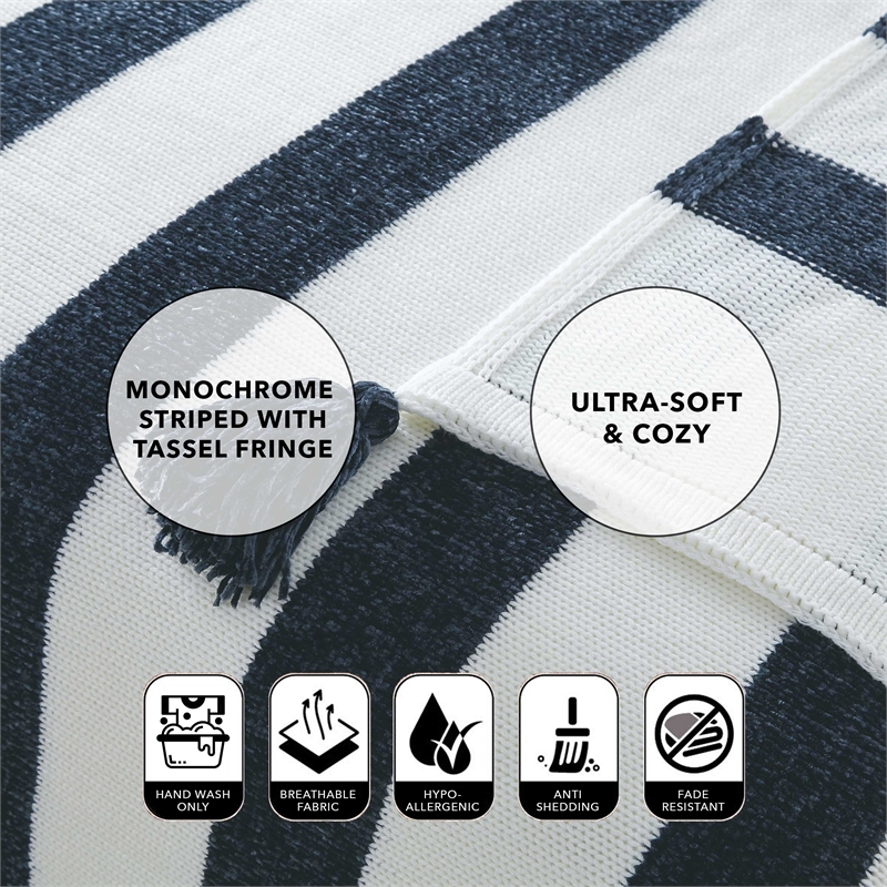 Viola Navy Acrylic 50x60 Inches 4 Corner Tassel Stripe Knit Throw Blanket