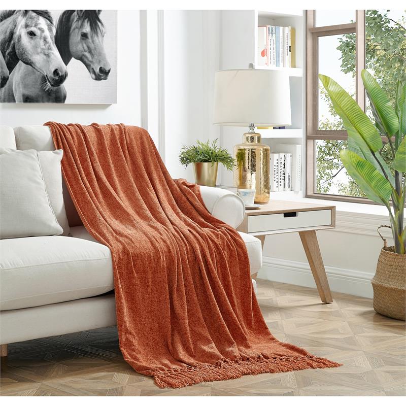 Derick Rust Polyester 50x60 Inches Chenille Tassel Knit Throw Blanket