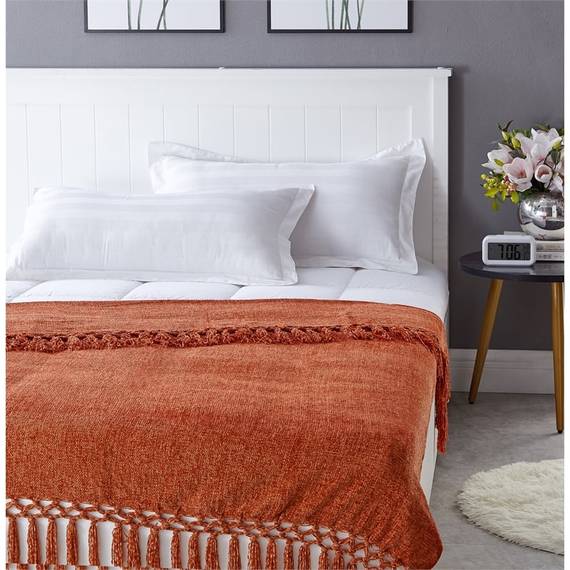 Derick Rust Polyester 50x60 Inches Chenille Tassel Knit Throw Blanket