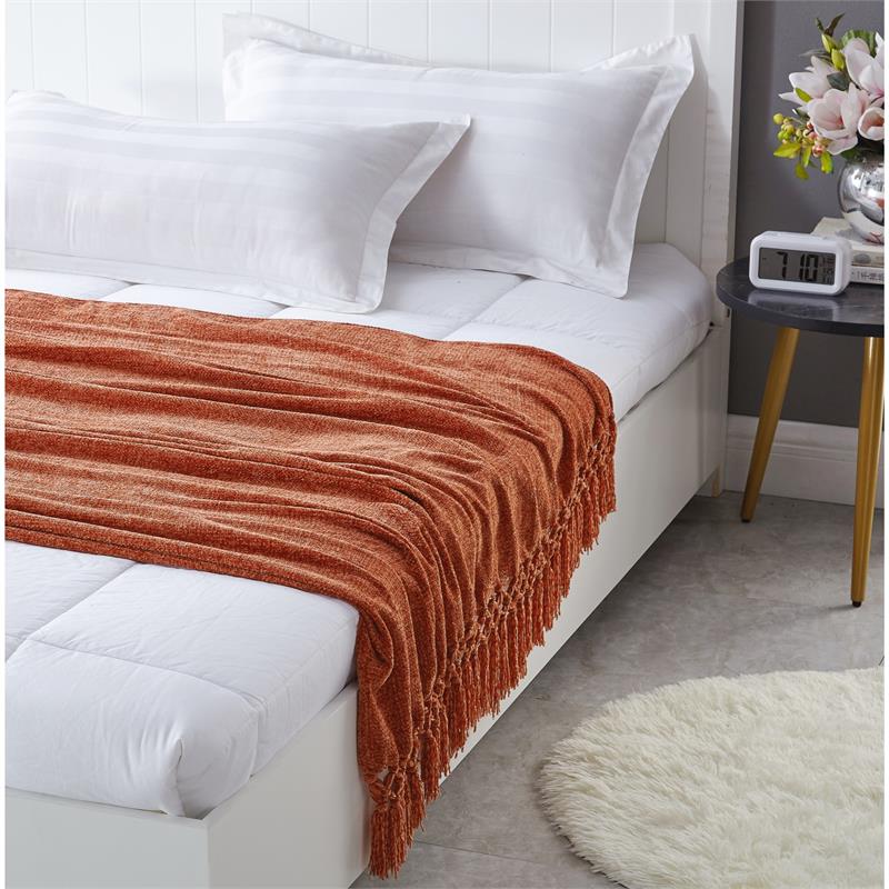 Derick Rust Polyester 50x60 Inches Chenille Tassel Knit Throw Blanket