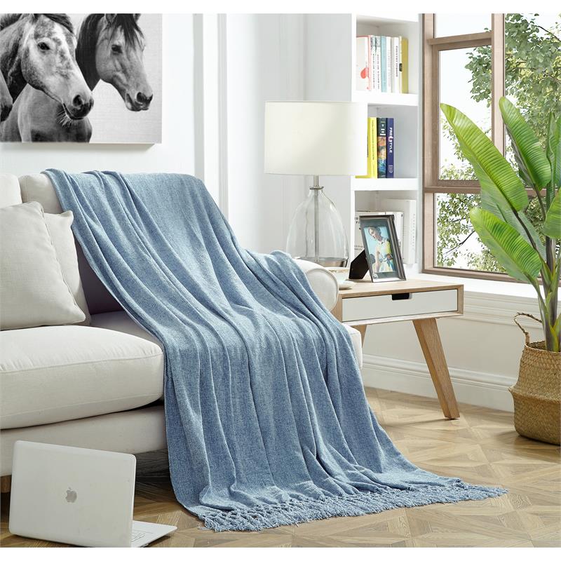 Derick Blue Polyester 50x60 Inches Chenille Tassel Knit Throw Blanket