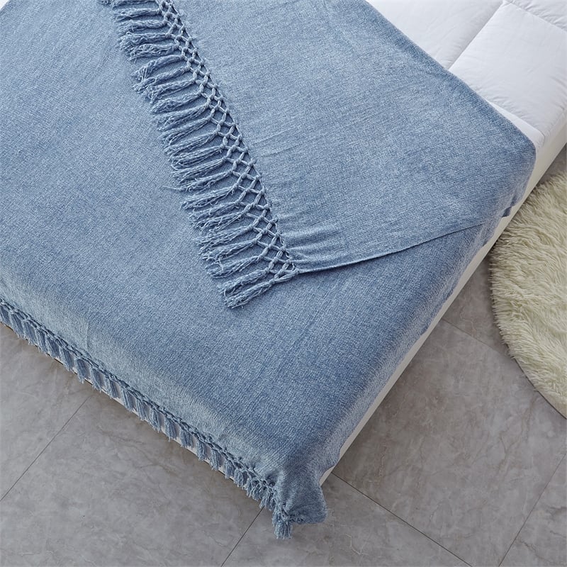 Derick Blue Polyester 50x60 Inches Chenille Tassel Knit Throw Blanket