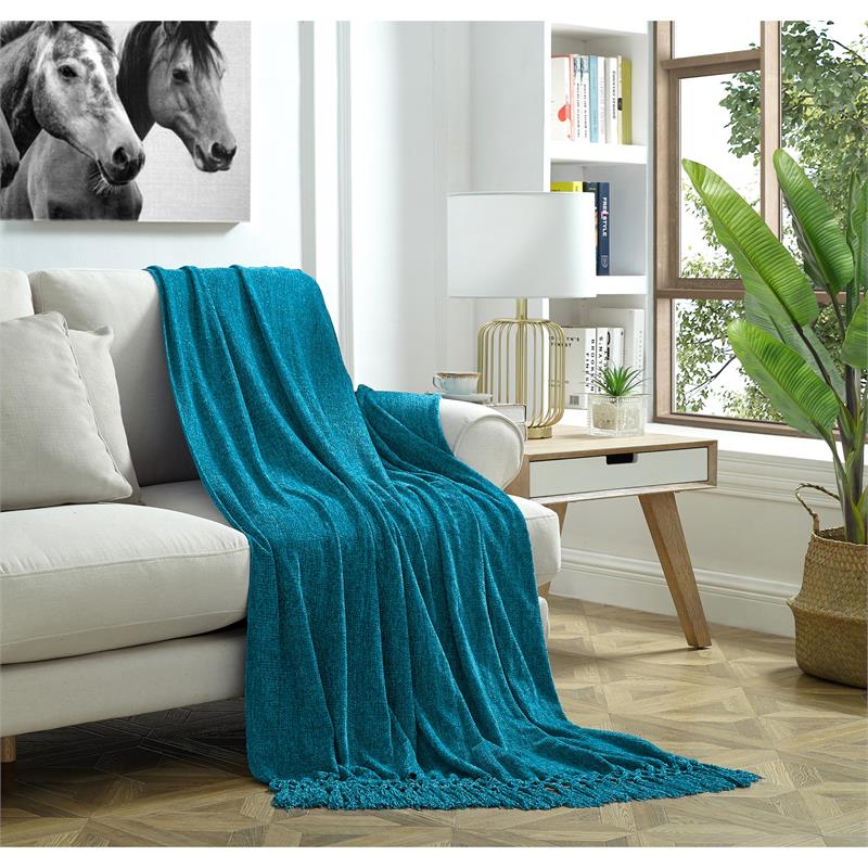 Derick Teal Polyester 50x60 Inches Chenille Tassel Knit Throw Blanket