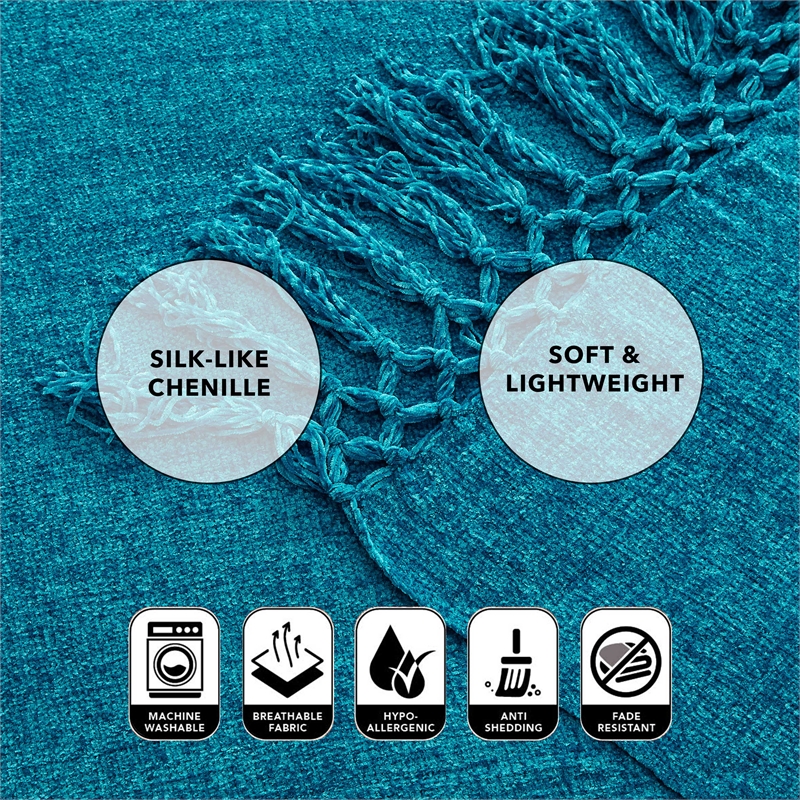 Derick Teal Polyester 50x60 Inches Chenille Tassel Knit Throw Blanket