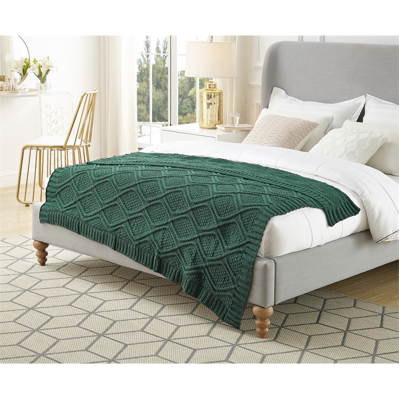 Jamar Hunter Green Polyester 50x60 Inches Chenille Diamond Cable Cozy Knit Throw