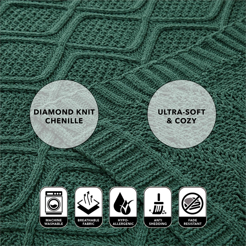 Jamar Hunter Green Polyester 50x60 Inches Chenille Diamond Cable Cozy Knit Throw