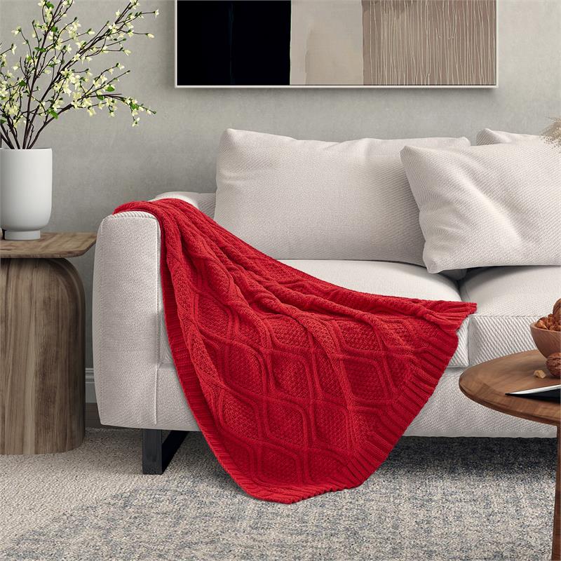 Jamar Red Polyester 50x60 Inches Chenille Diamond Cable Cozy Knit Throw Blanket