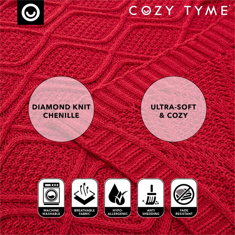 Jamar Red Polyester 50x60 Inches Chenille Diamond Cable Cozy Knit Throw Blanket