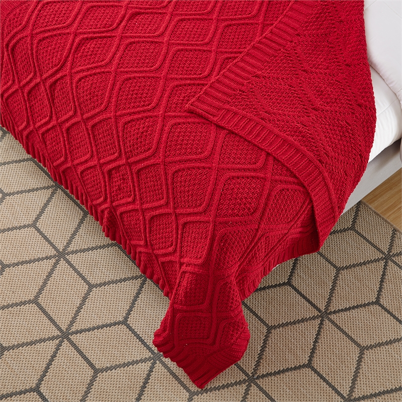 Jamar Red Polyester 50x60 Inches Chenille Diamond Cable Cozy Knit Throw Blanket