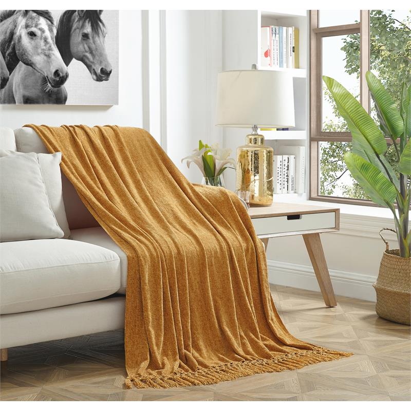 Derick Yellow Polyester 50x60 Inches Chenille Tassel Knit Throw Blanket