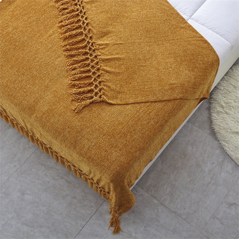 Derick Yellow Polyester 50x60 Inches Chenille Tassel Knit Throw Blanket