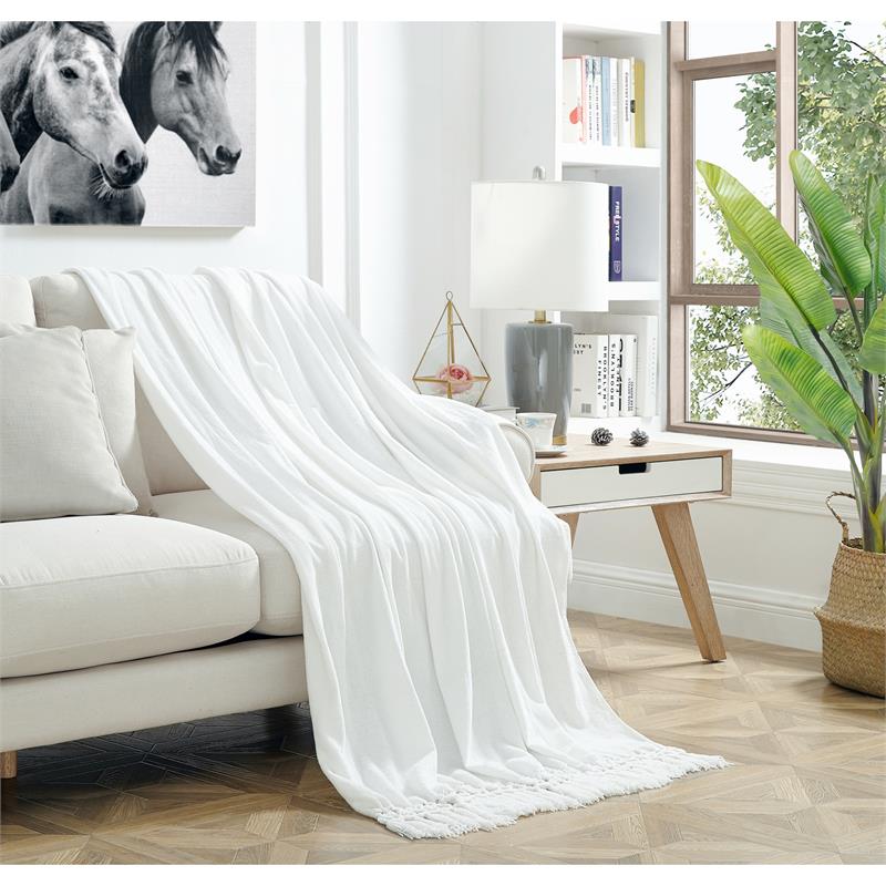 Derick White Polyester 50x60 Inches Chenille Tassel Knit Throw Blanket