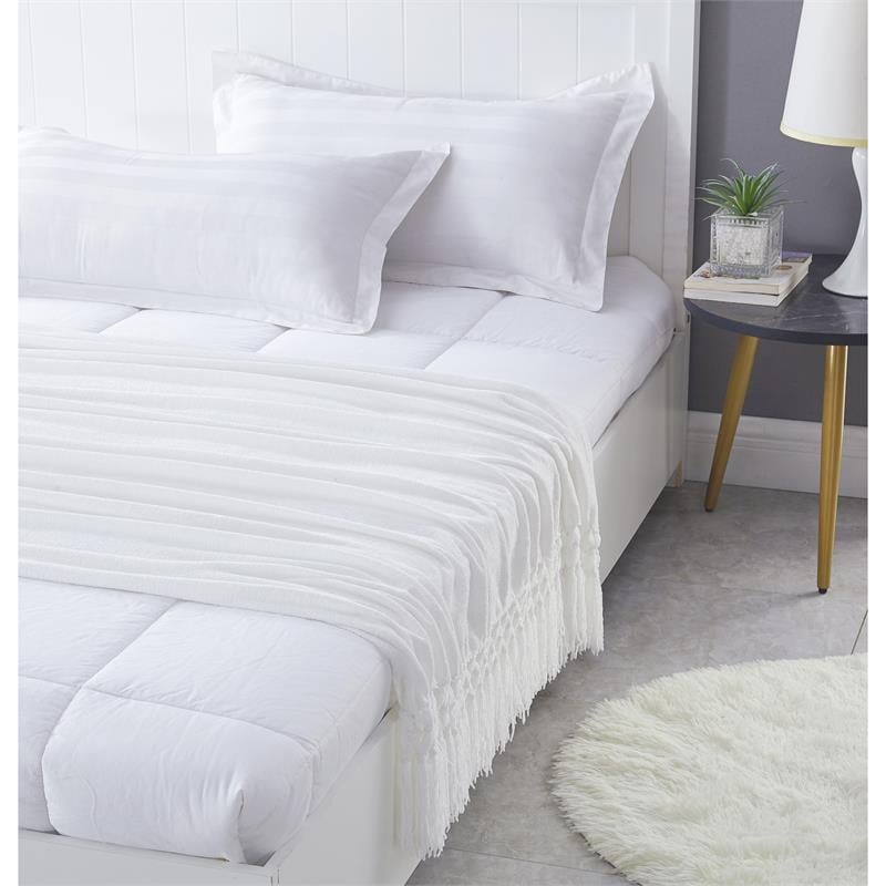 Derick White Polyester 50x60 Inches Chenille Tassel Knit Throw Blanket