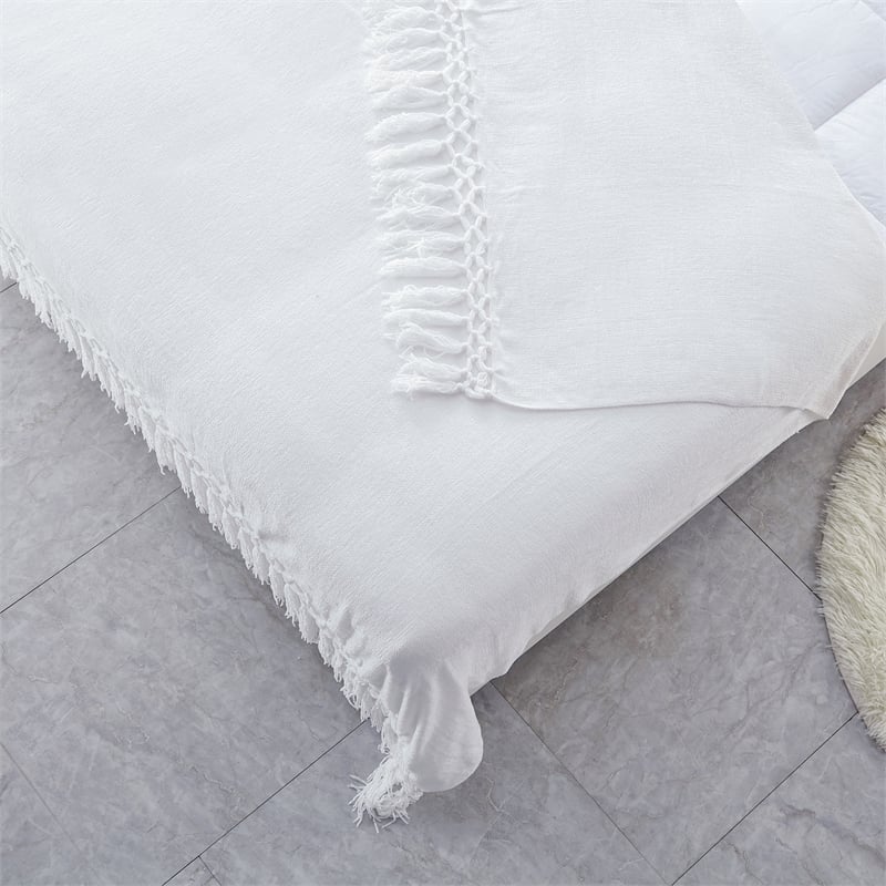 Derick White Polyester 50x60 Inches Chenille Tassel Knit Throw Blanket