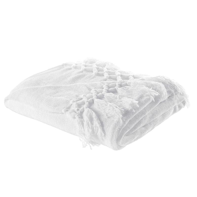 Derick White Polyester 50x60 Inches Chenille Tassel Knit Throw Blanket