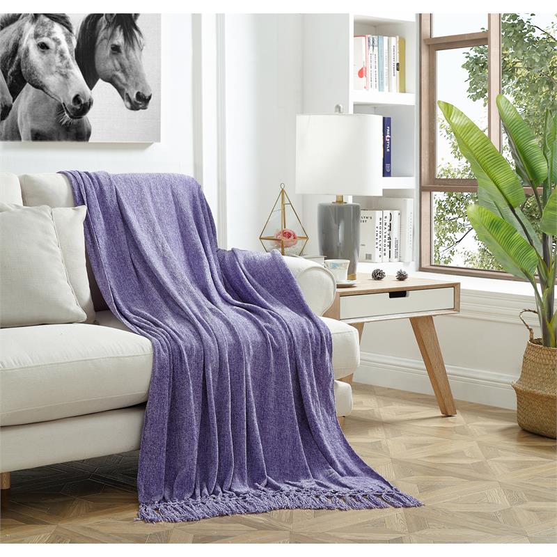 Derick Purple Polyester 50x60 Inches Chenille Tassel Knit Throw Blanket