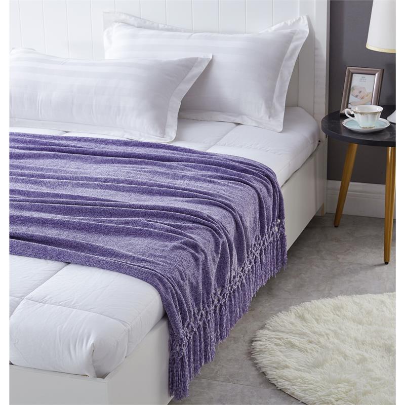 Derick Purple Polyester 50x60 Inches Chenille Tassel Knit Throw Blanket