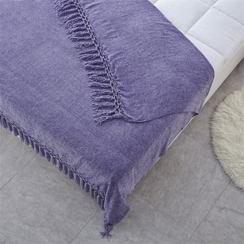 Derick Purple Polyester 50x60 Inches Chenille Tassel Knit Throw Blanket