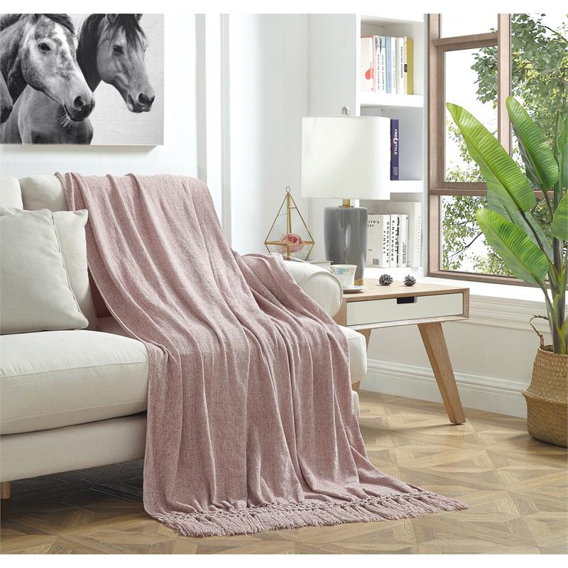 Derick Blush Polyester 50x60 Inches Chenille Tassel Knit Throw Blanket