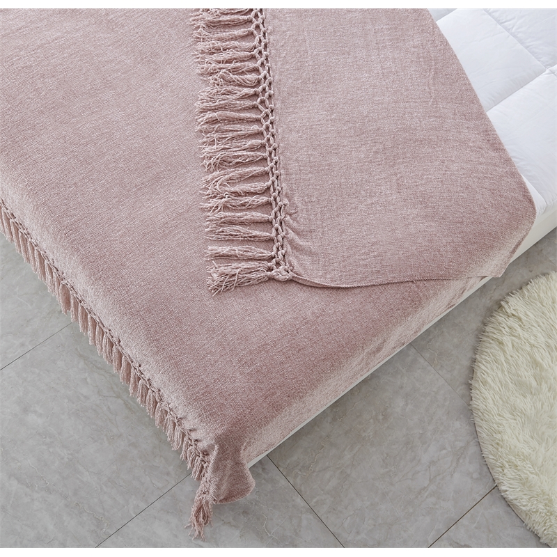 Derick Blush Polyester 50x60 Inches Chenille Tassel Knit Throw Blanket