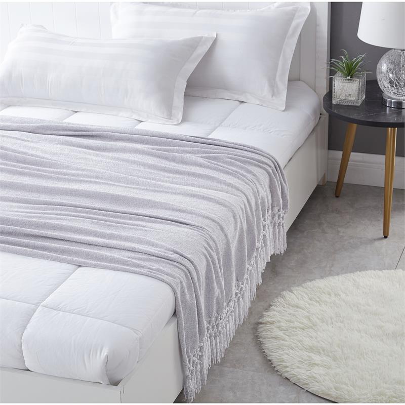 Derick  Grey Polyester 50x60 Inches Chenille Tassel Knit Throw Blanket