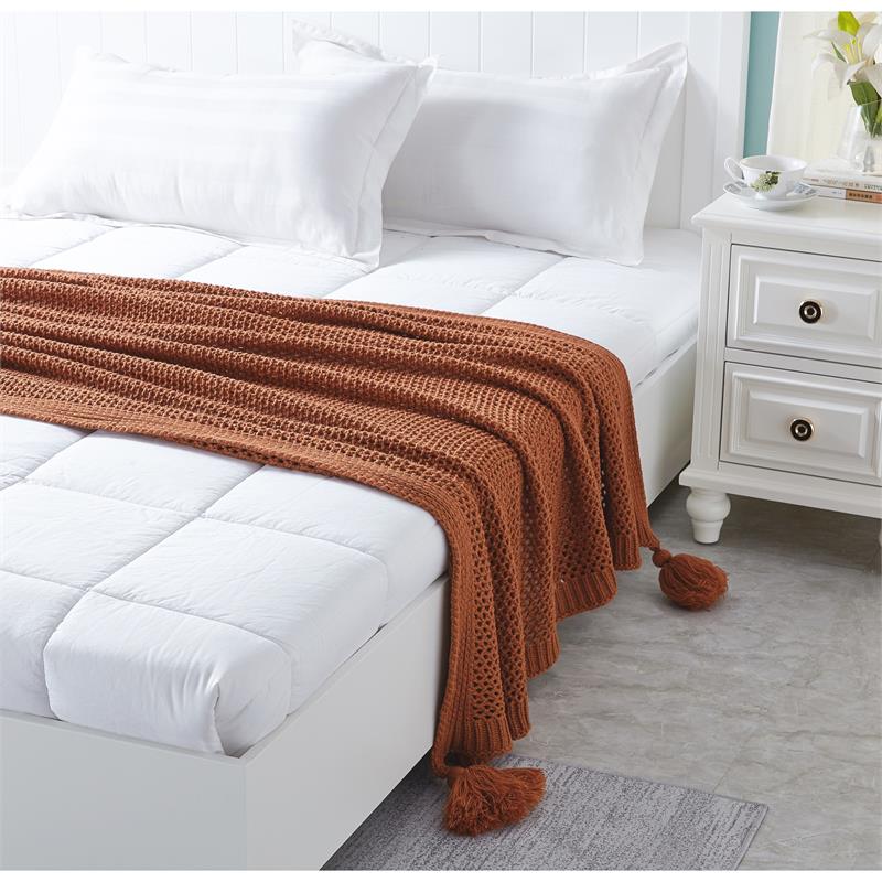 Margo Rust Acrylic 50x60 Inches Wool-like 4 Corner Tassel Knit Throw Blanket
