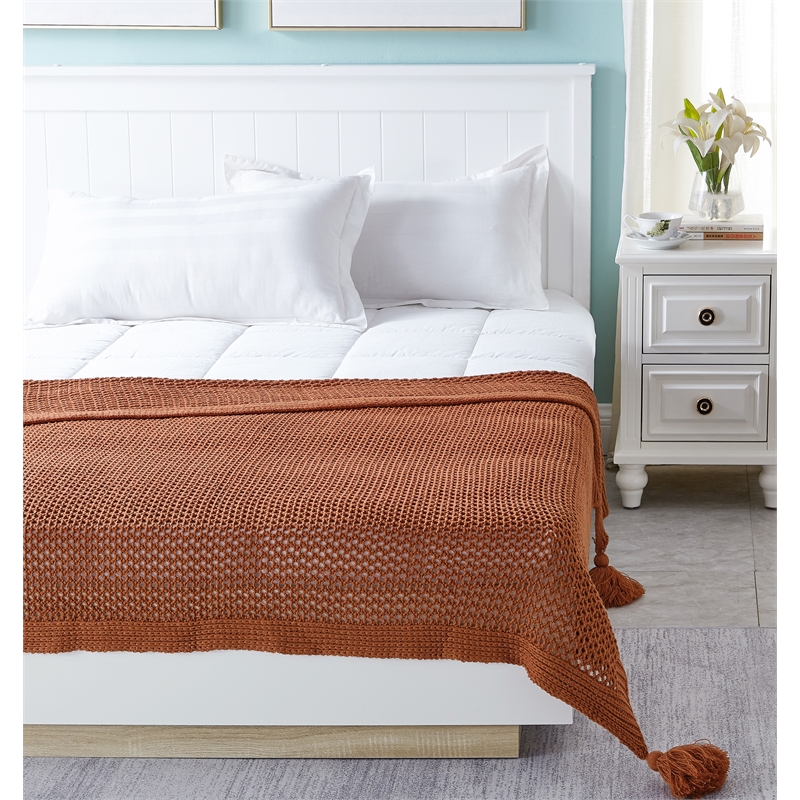 Margo Rust Acrylic 50x60 Inches Wool-like 4 Corner Tassel Knit Throw Blanket