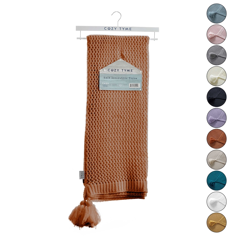 Margo Rust Acrylic 50x60 Inches Wool-like 4 Corner Tassel Knit Throw Blanket