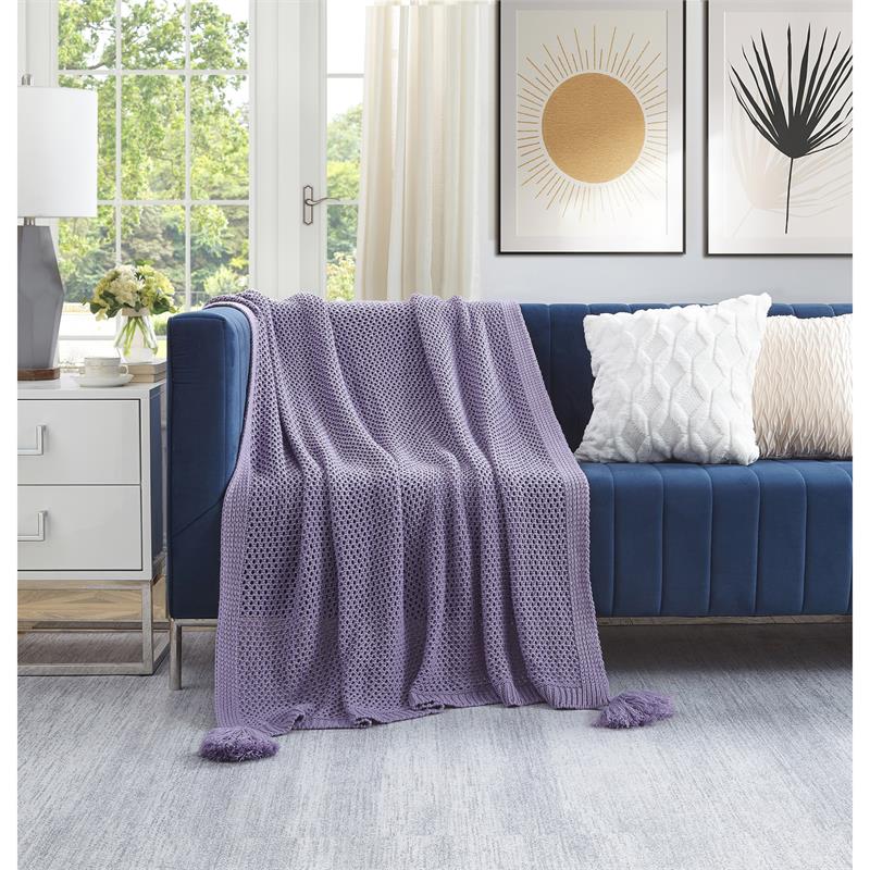 Margo Purple Acrylic 50x60 Inches Wool-like 4 Corner Tassel Knit Throw Blanket