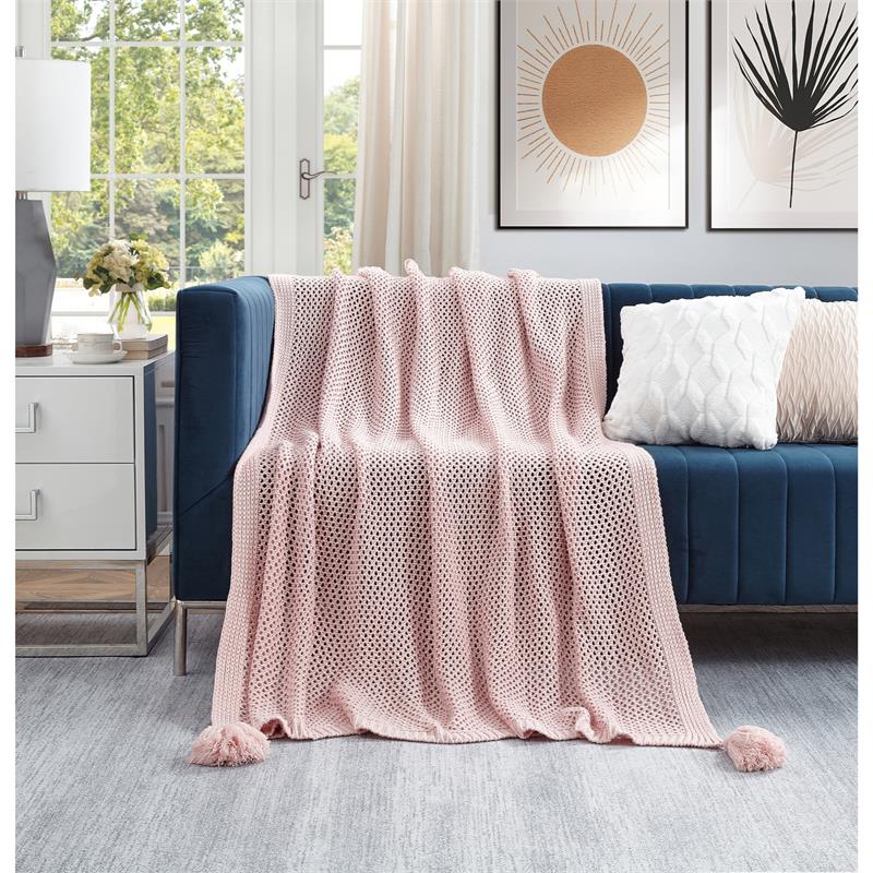 Margo Blush Acrylic 50x60 Inches Wool-like 4 Corner Tassel Knit Throw Blanket