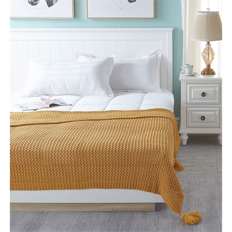 Margo Yellow Acrylic 50x60 Inches Wool-like 4 Corner Tassel Knit Throw Blanket