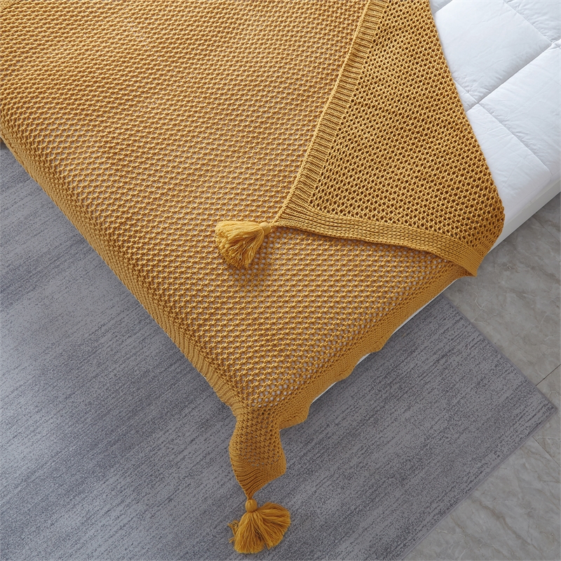 Margo Yellow Acrylic 50x60 Inches Wool-like 4 Corner Tassel Knit Throw Blanket