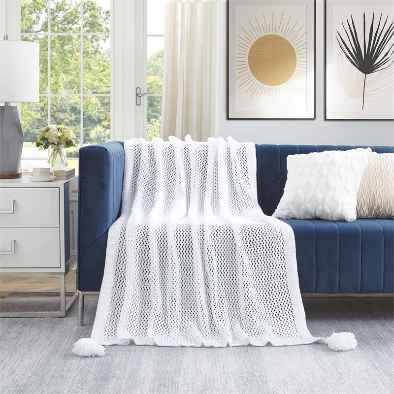 Margo White Acrylic 50x60 Inches Wool-like 4 Corner Tassel Knit Throw Blanket