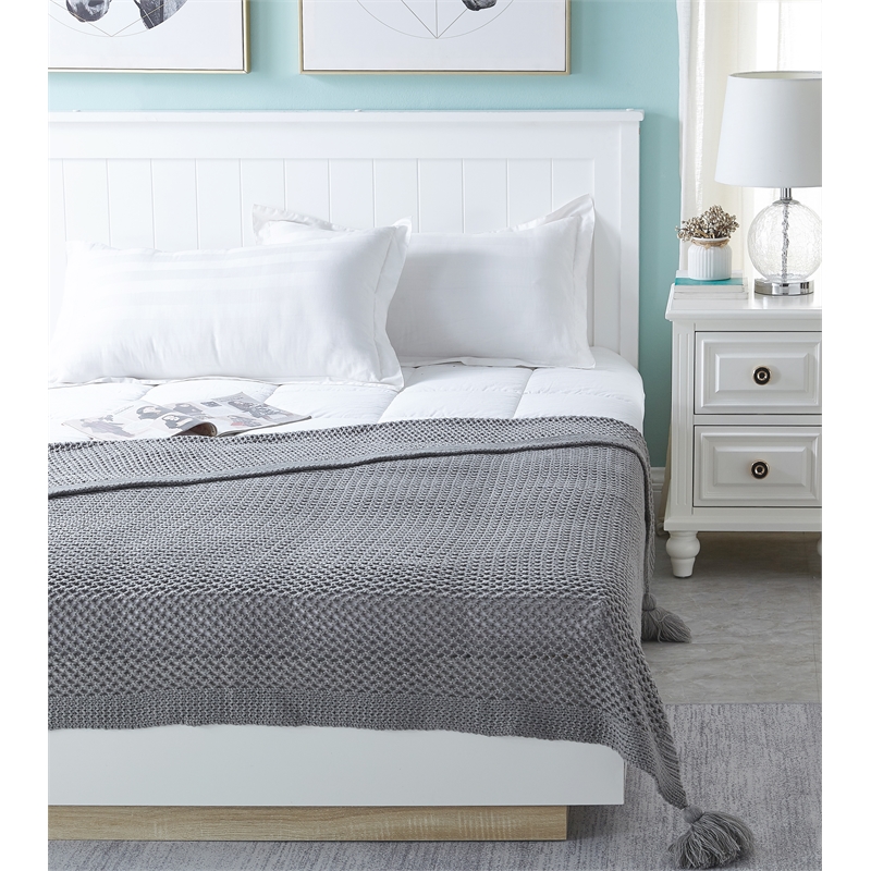 Margo Grey Acrylic 50x60 Inches Wool-like 4 Corner Tassel Knit Throw Blanket