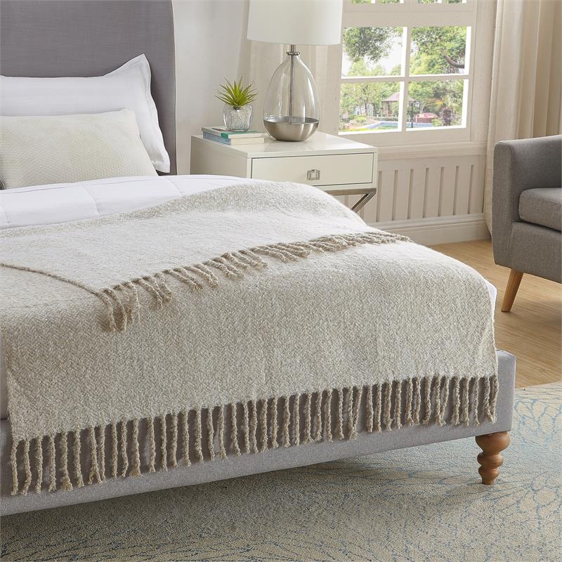 Krish Sand Acrylic 50x60 Inches Faux Mohair Tassels Knit Throw Blanket