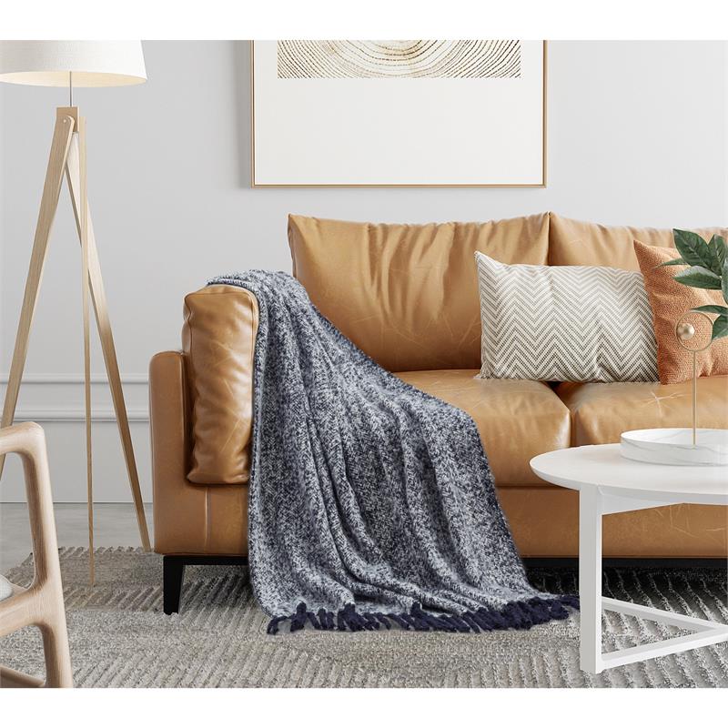 Krish Navy Acrylic 50x60 Inches Faux Mohair Tassels Knit Throw Blanket