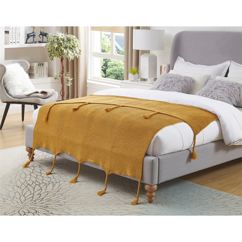 Tianna Yellow Acrylic 50x60 Inches Wool-like Tassels Knit Throw Blanket