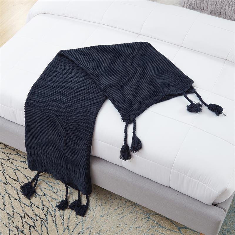 Tianna Navy Acrylic 50x60 Inches Wool-like Tassels Knit Throw Blanket