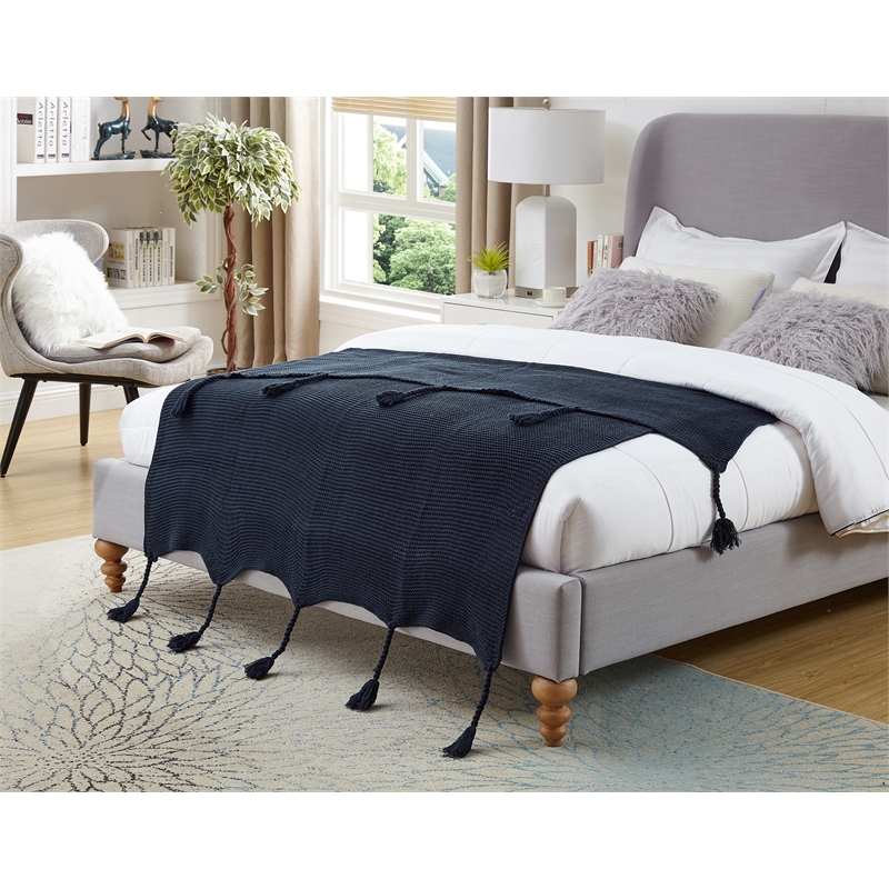 Tianna Navy Acrylic 50x60 Inches Wool-like Tassels Knit Throw Blanket
