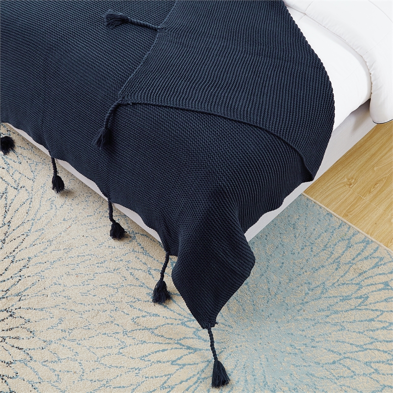 Tianna Navy Acrylic 50x60 Inches Wool-like Tassels Knit Throw Blanket