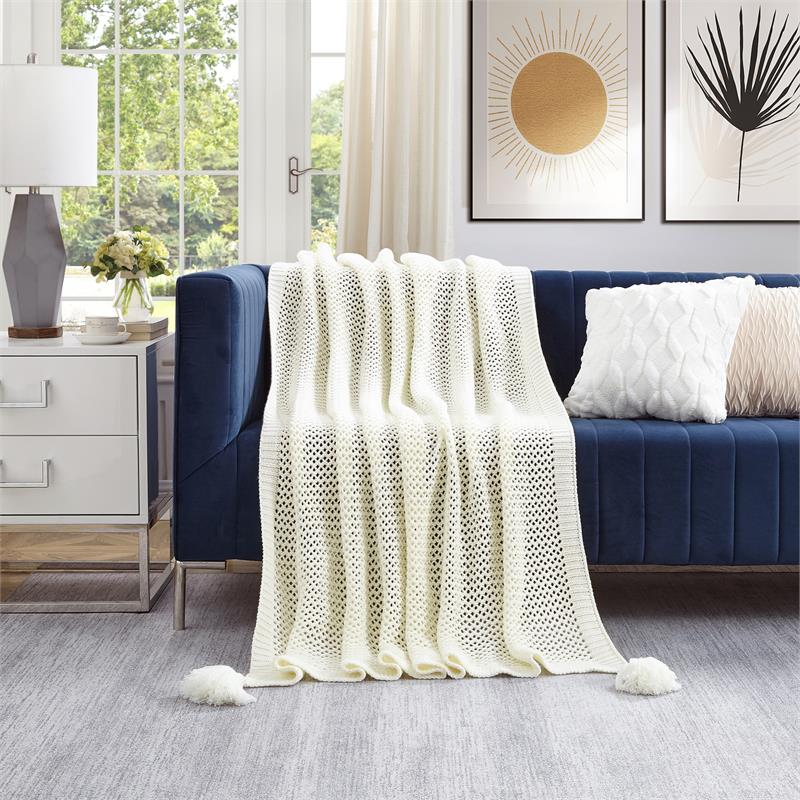 Margo Ivory Acrylic 50x60 Inches Wool-like 4 Corner Tassel Knit Throw Blanket