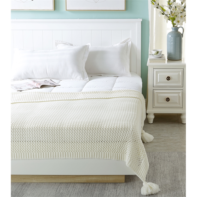 Margo Ivory Acrylic 50x60 Inches Wool-like 4 Corner Tassel Knit Throw Blanket
