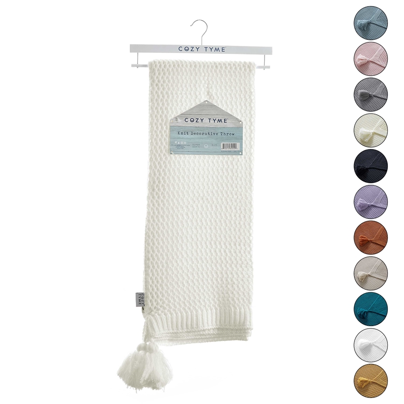 Margo Ivory Acrylic 50x60 Inches Wool-like 4 Corner Tassel Knit Throw Blanket